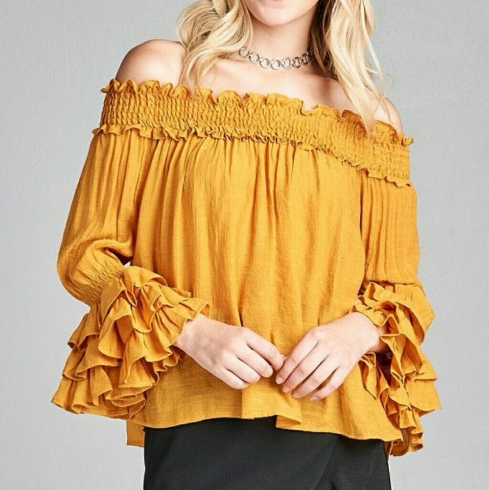 Yellow Off-Shoulder Ruffle Long Sleeve Top